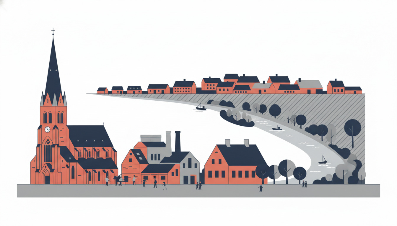 Flad vektorillustration af Næstveds seværdigheder: en rød-mursten gotisk kirke med høj spir dominerer forgrunden, flankeret af historiske bygninger herunder et glasværk med ovne, herregård blandt træer, og flodlandskabet med både i baggrunden.