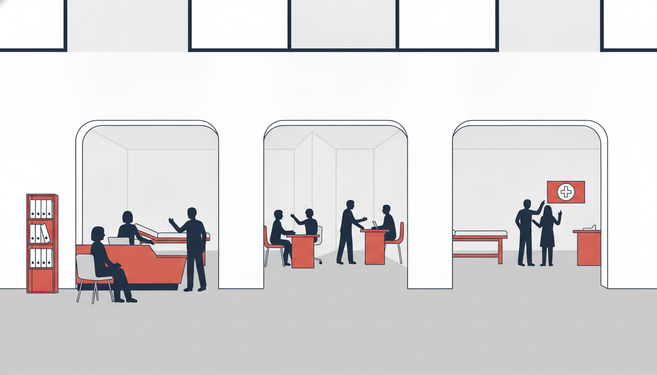 Arkitektonisk interiør tværsnit, der viser klinikkonsultationsrum med patienter og personale; viser ikke Espergærde bybillede.