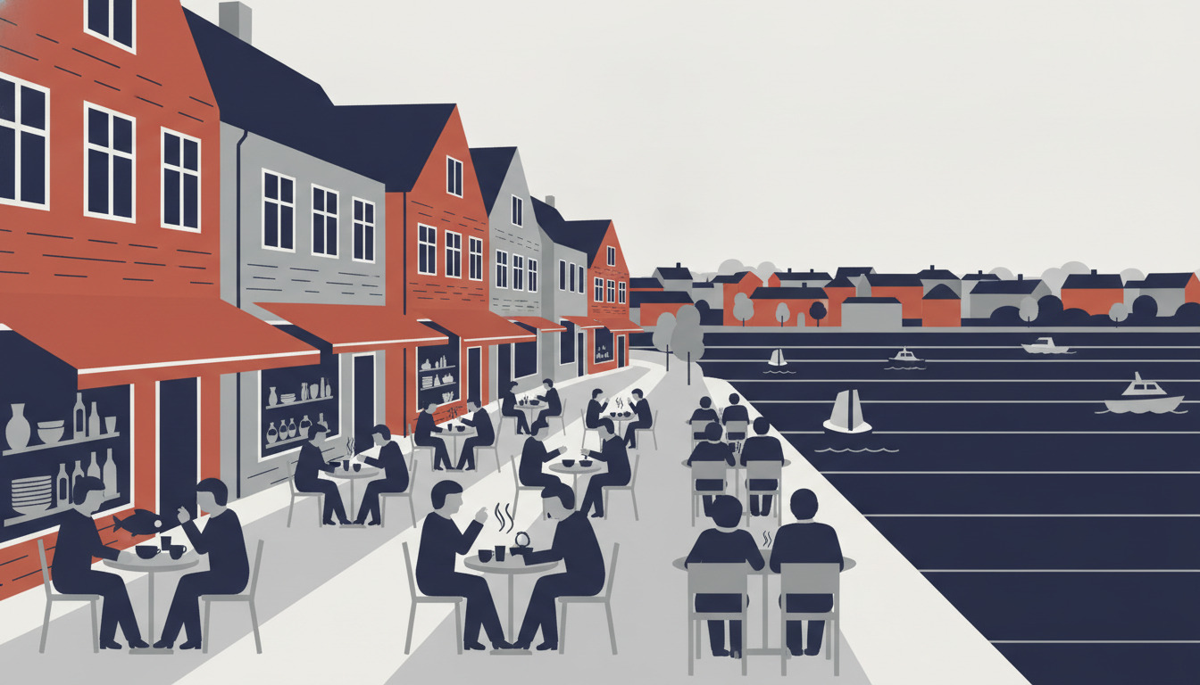 Livlig havnefrontdiningscene i Middelfart med spisende gæster ved udendørs borde med udsigt over Lillebælt-strædet, charmerende havnesiderestauranter med store vinduer, både og farverig nordisk arkitektur.