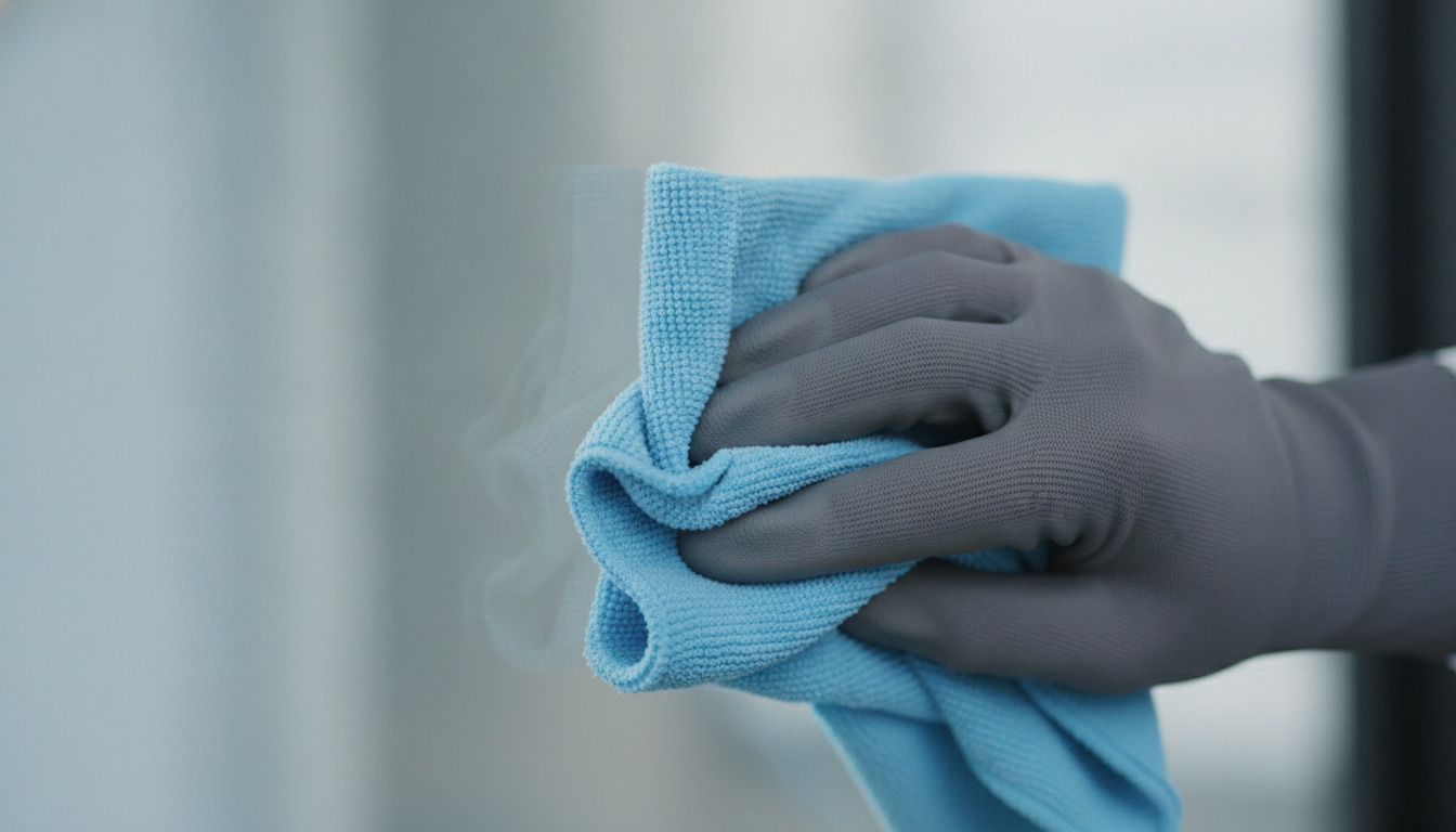 Tætbillede af en hånd med sorte handsker, der polerer en glasklar overflade med en blå mikrofiber-klud.