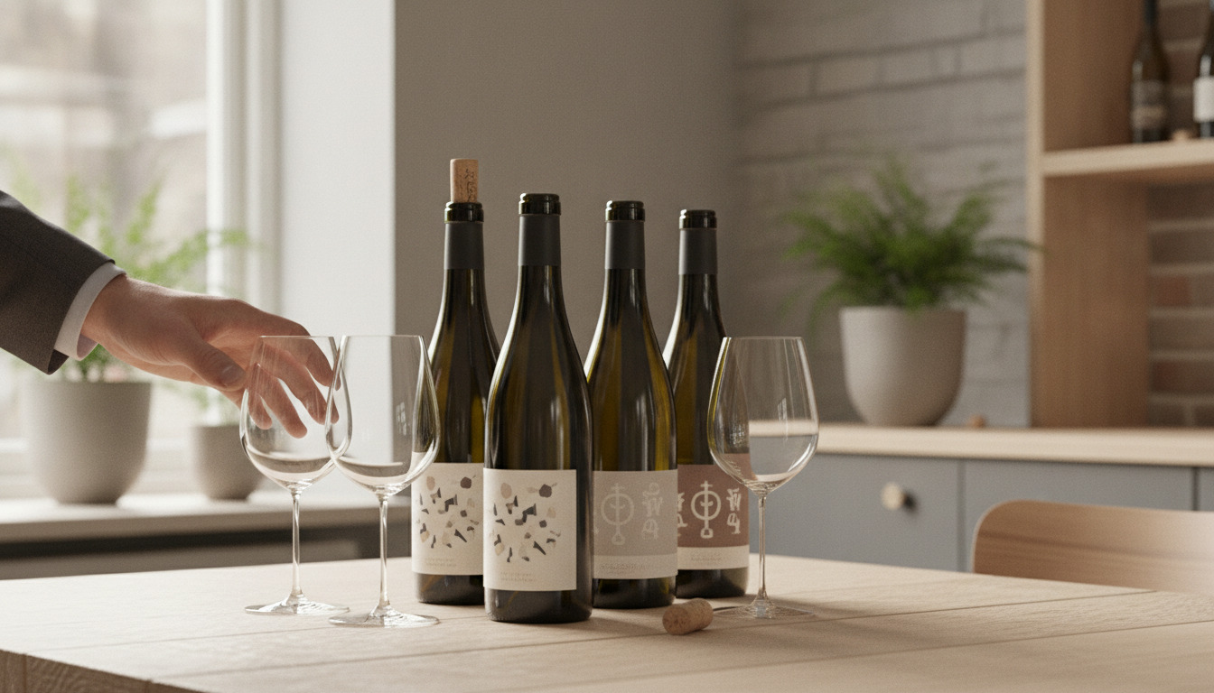 Kunstnerskabte vinflasker og tomme glas på træbord med hånd, varm nordisk belysning.