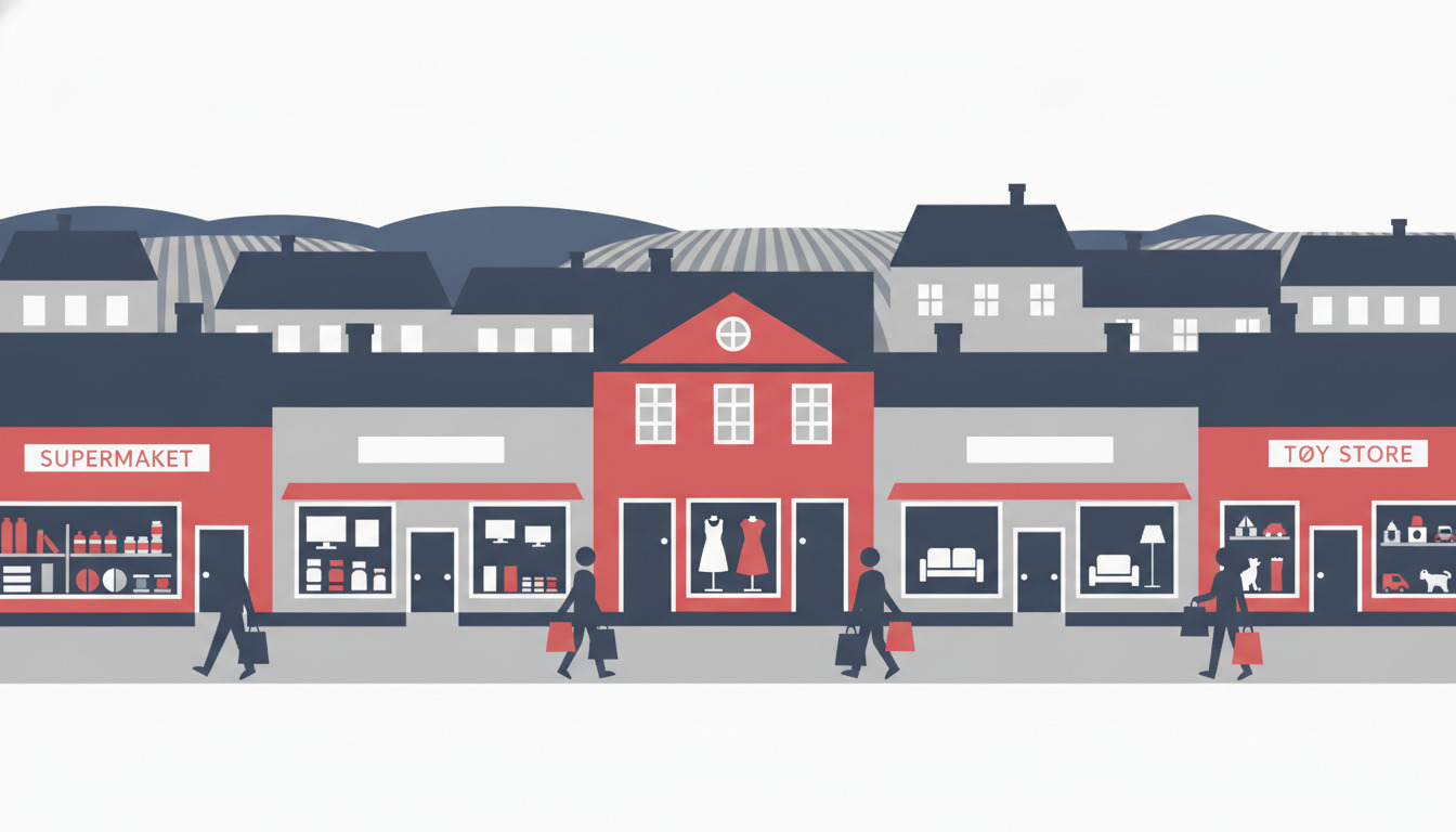 Farverigt shoppingstrøg i Nyborg med røde forretningsfronter (supermarked, tøjbutik, møbelbutik, legetøjsbutik), der udstiller varer, shoppere med tasker og dansk arkitektur i baggrunden.