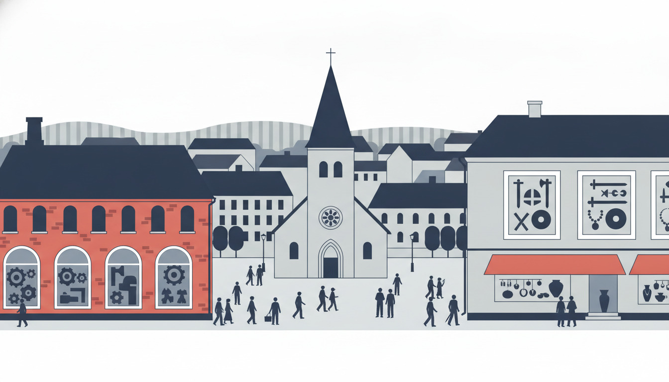 Otterup byplads med en hvid middelalderkirkje med høj, mørk spir, en rødbrinsten industribygning med store buede vinduer og museumsfacader, der viser vikingeartefakter og håndværk, mod en nordisk himmel.