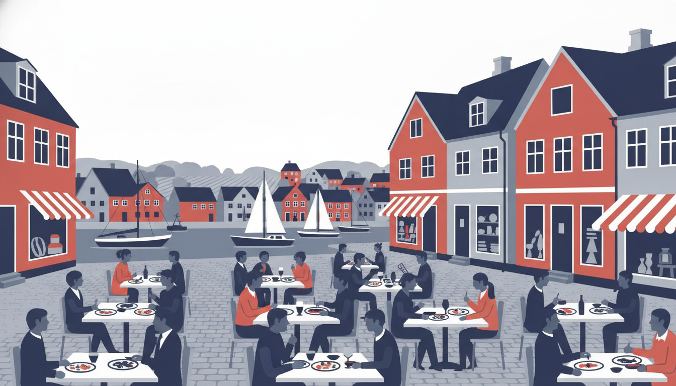 Livlig havnefrontkantine i Ebeltoft med traditionelle røde og hvide danske bygninger, gæster ved udendørs borde, sejlbåde i havn og charmerende butikker med markiser.