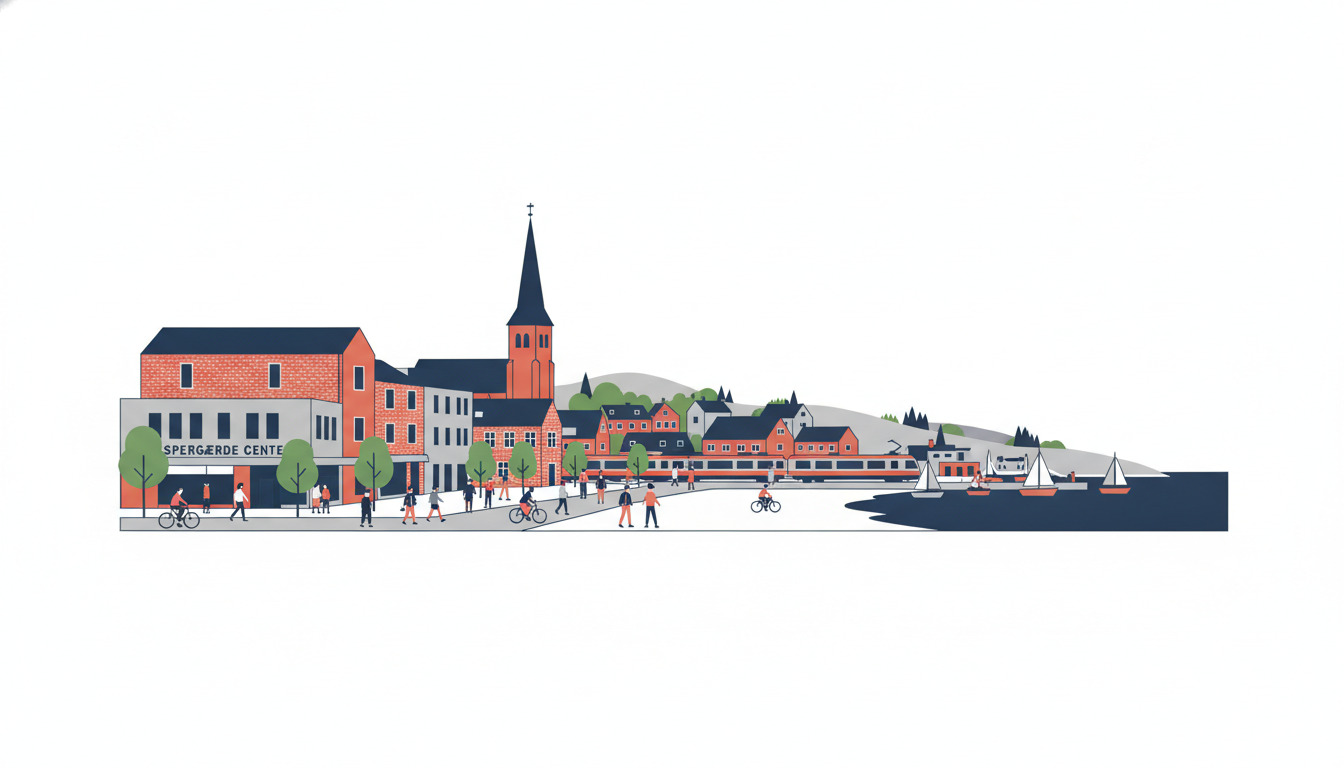 Flad vektorillustration af kystbyen Espergærde med Espergærde Center, Egebæksvang Kirkes spir, havn med sejlbåde, sandstrand og grønne landskaber langs Øresund.