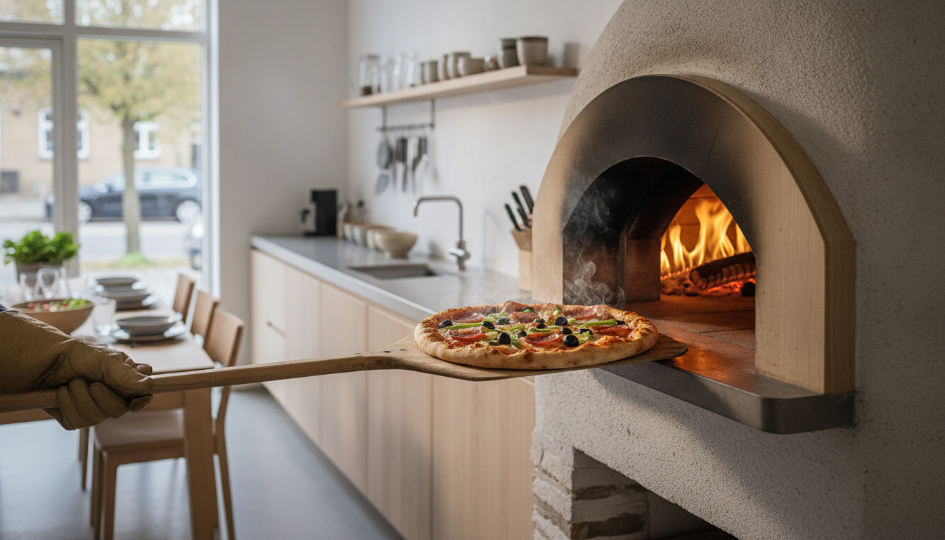En friskbagt pizza tages ud af en træfyret ovn med flammende ild synlig inden i.