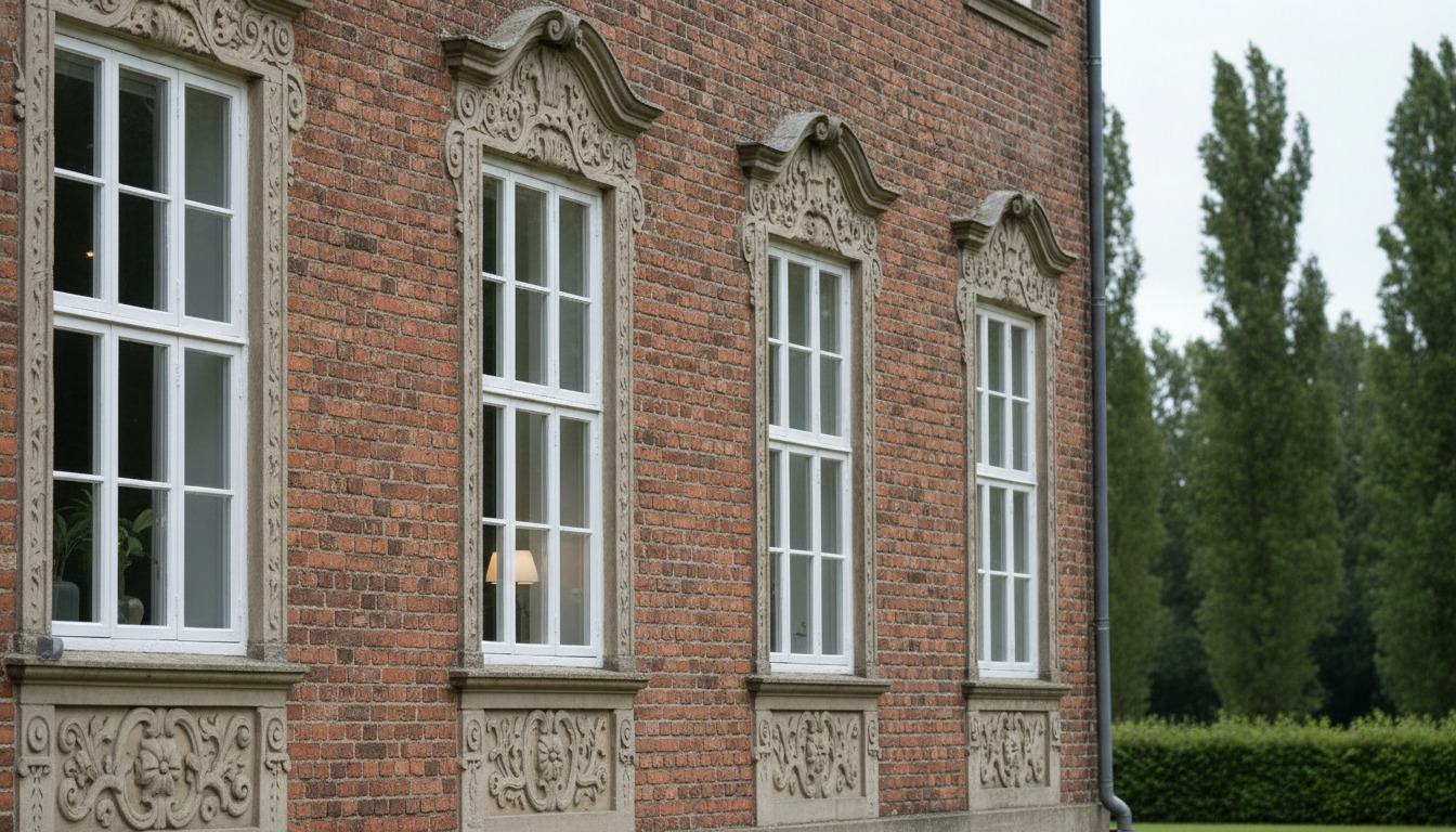 Detalje af rødt mursten og hvidt vindueskarme på historisk nordisk bygning med ornamentale stendetaljer.