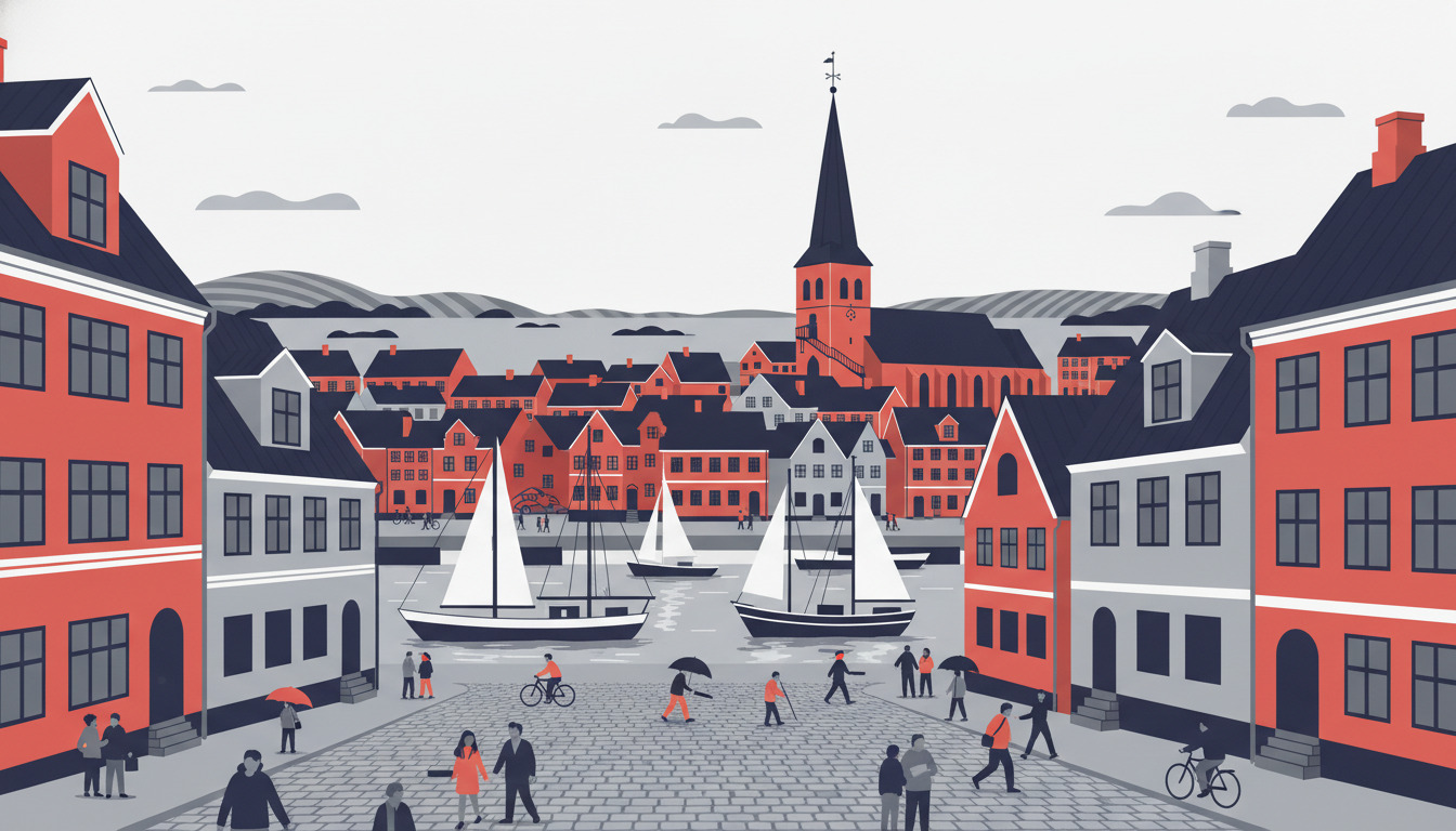 Fladvektorillustration af Svendborg havn med røde og grå bygninger, en høj rødbygning kirke med karakteristisk sort spir der dominerer byplanen, sejlbåde i vandet, brolagt torv med mennesker og Fyns landskab i baggrunden.