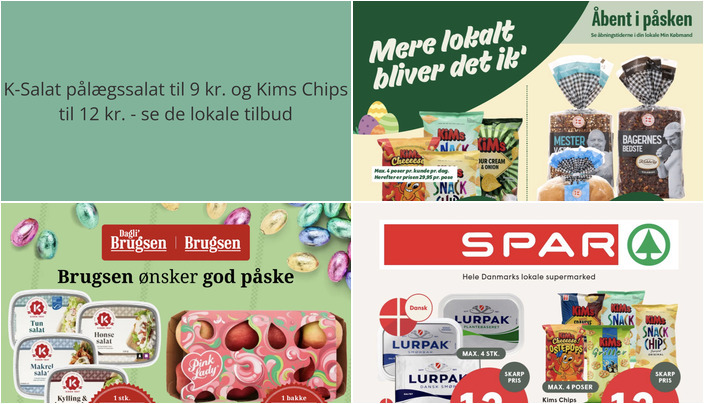 K-Salat pålægssalat til 9 kr. og Kims Chips til 12 kr. - se de lokale tilbud