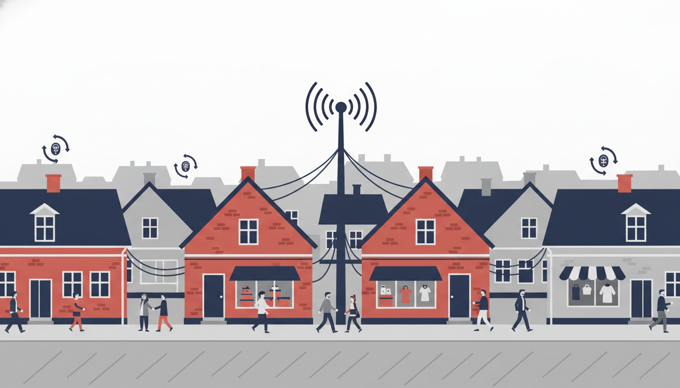 Fåborg bygatescene med røde teglsten og grå beboelsesbygninger, et centralt 5G-sendertårn med signalbølger, fibernetværkskaber og wifi-ikoner over hovedet, som repræsenterer byens digital forbindelsesinfrastruktur.