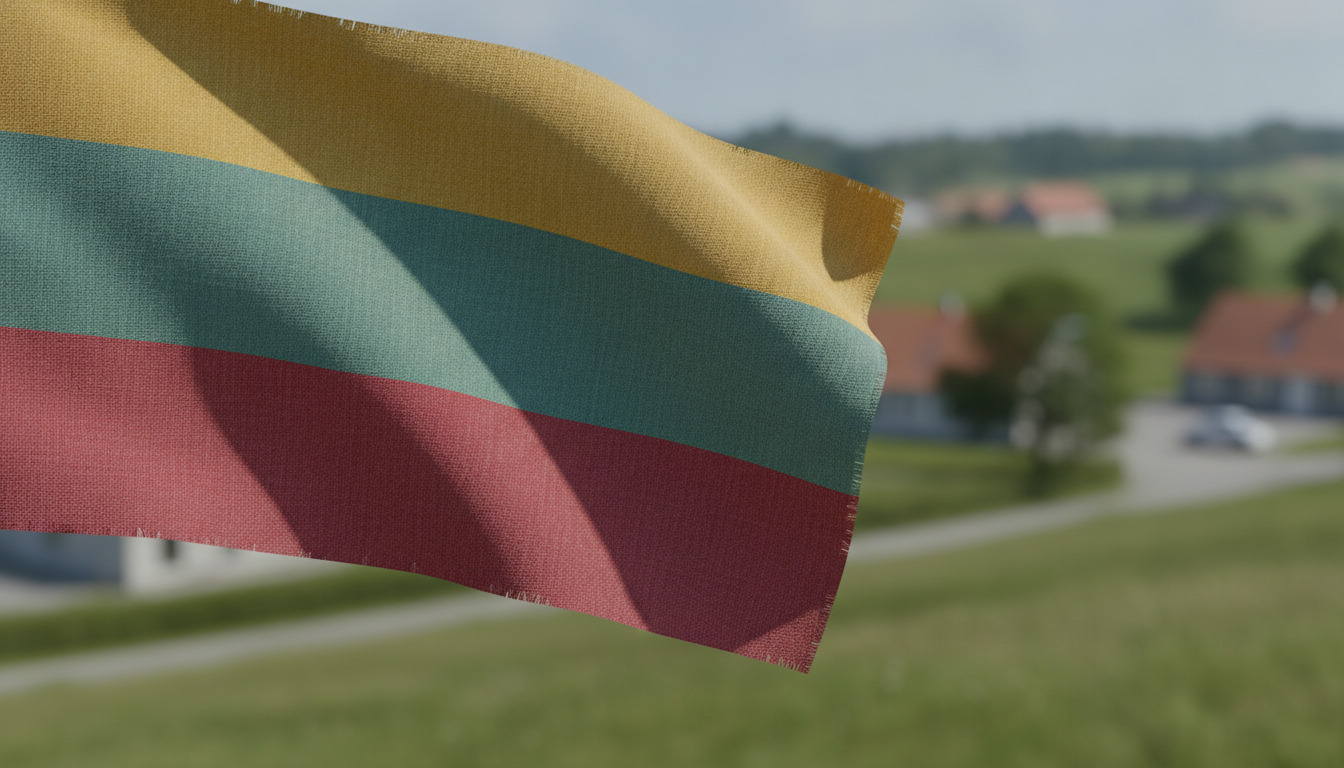Tæt optagelse af et trefarvet stribet flag i gult, grønt og rødt, der flagrer i naturligt lys mod uskarpt landskabsbaggrund.