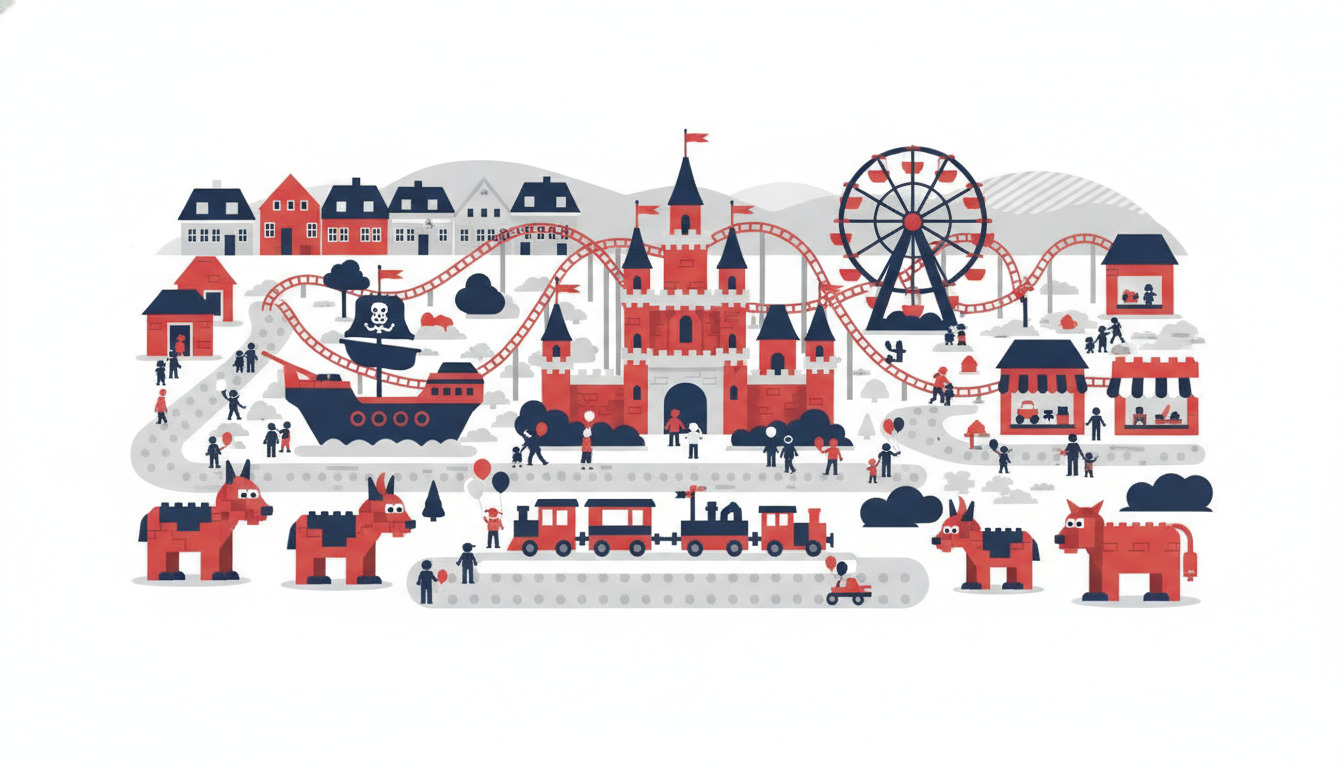 Legoland Billund forlystelsespark illustration med rødt slot, pariserhjul, rutsjebane, piratskeib, legetog, farverige LEGO-bygninger og minifigurer, der nyder attraktioner mod en dansk landskabsbaggrund.