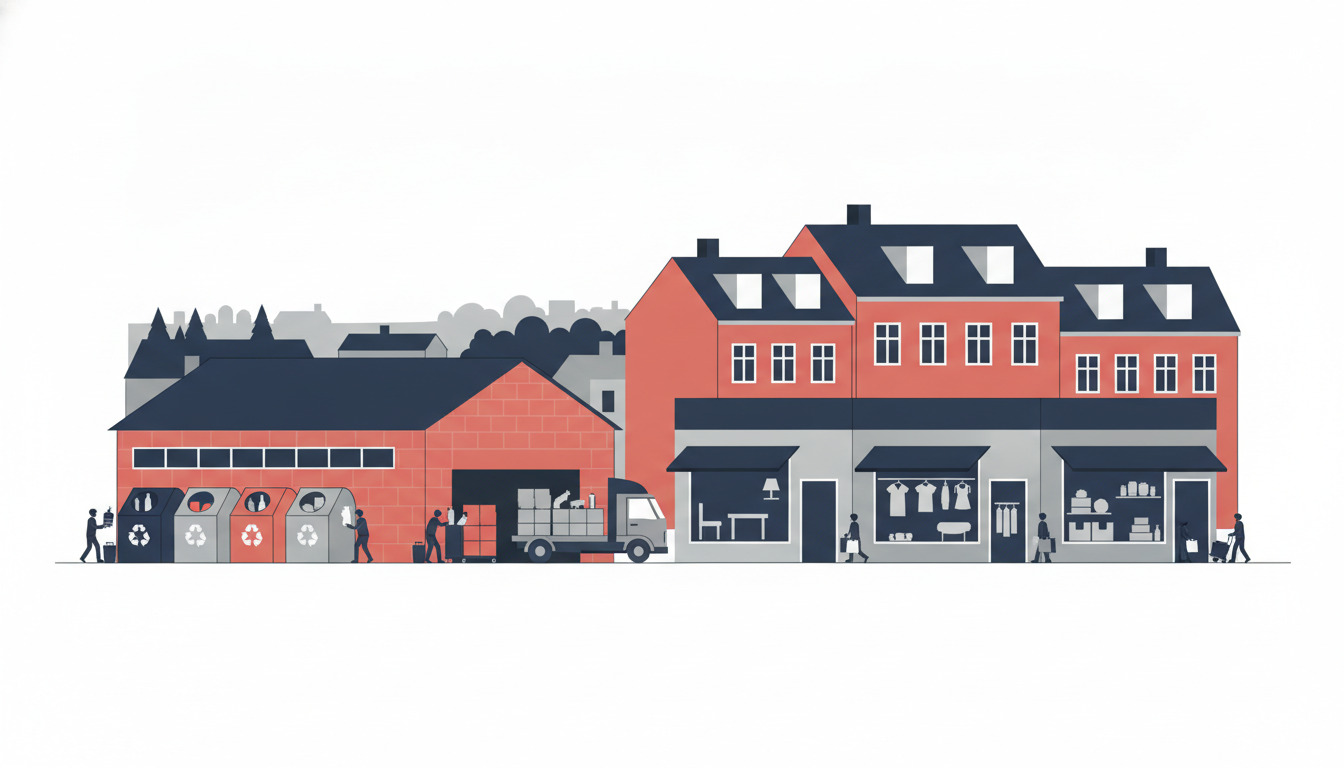Flad vektor-illustration af et dansk bysamfunds genbrugscenter og donationsbutikker med røde mursten-bygninger, indsamlingsbeholdere med genbrugssymboler, en leveringsbil, butikkerskiltninger med viste varer, og beboere som sorterer affald og handler.