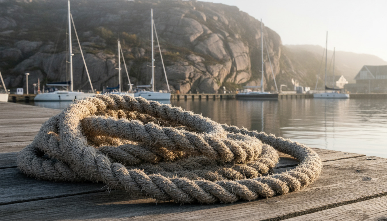 Tæt klip af oprullet reb på trækai i lyst nordisk lys, med uskarp baggrund.