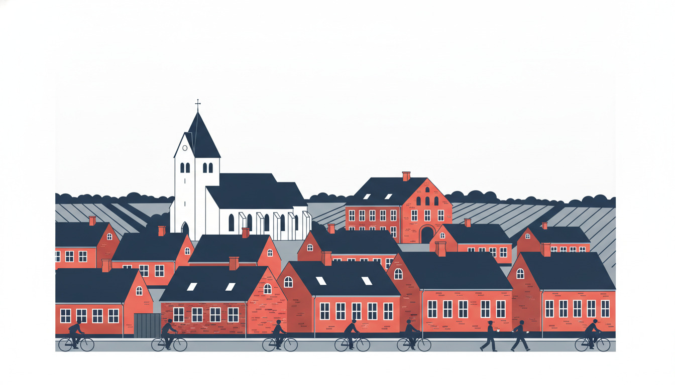 Fjerritslev byillustration: hvidemalet Fjerritslev Kirke med spir dominerer rødbakkestensbebyggelsen, cyklister og fodgængere i forgrunden, mørktdækkede huse og bryggeri, Nordjyllands landskab i baggrunden.