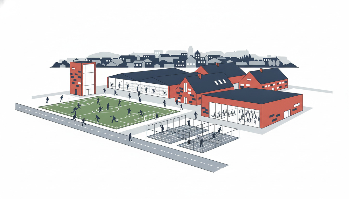 Livlig sportsfacilitetskompleks med samtidige aktiviteter: fodboldbane, padel-baner, fitnessgym med gruppetimer og indendørs badmintonhal, med bylandskab i baggrunden.