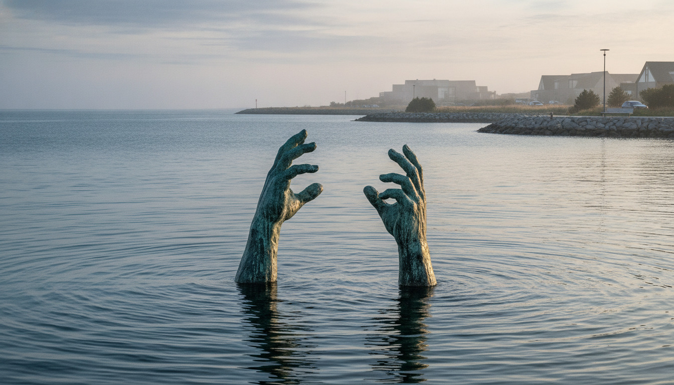 Nærbillede af slidt bronze- eller stenskultptur med menneskeformede hænder, der rækker op af havvand med bølgekrusninger.