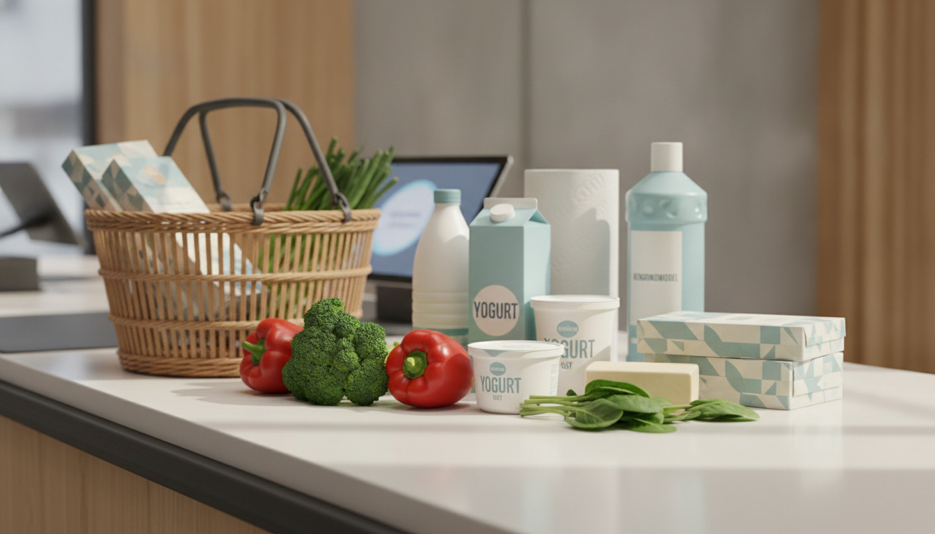 Dagligvarerindkøb på køkkenbord: grøntsager, kurv og genericiske produkter i nordisk dagslys.