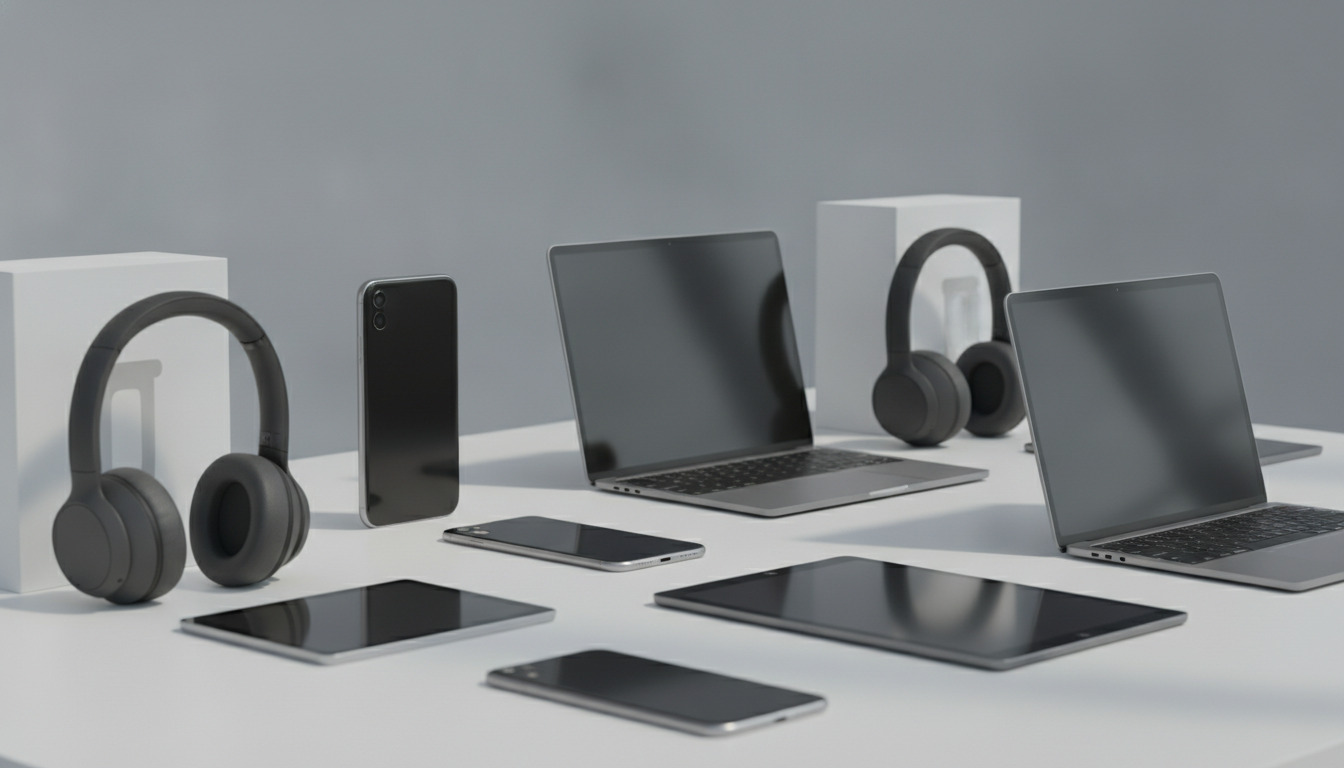Moderne elektronik som smartphones, tablets og hovedtelefoner arrangeret på hvid overflade.