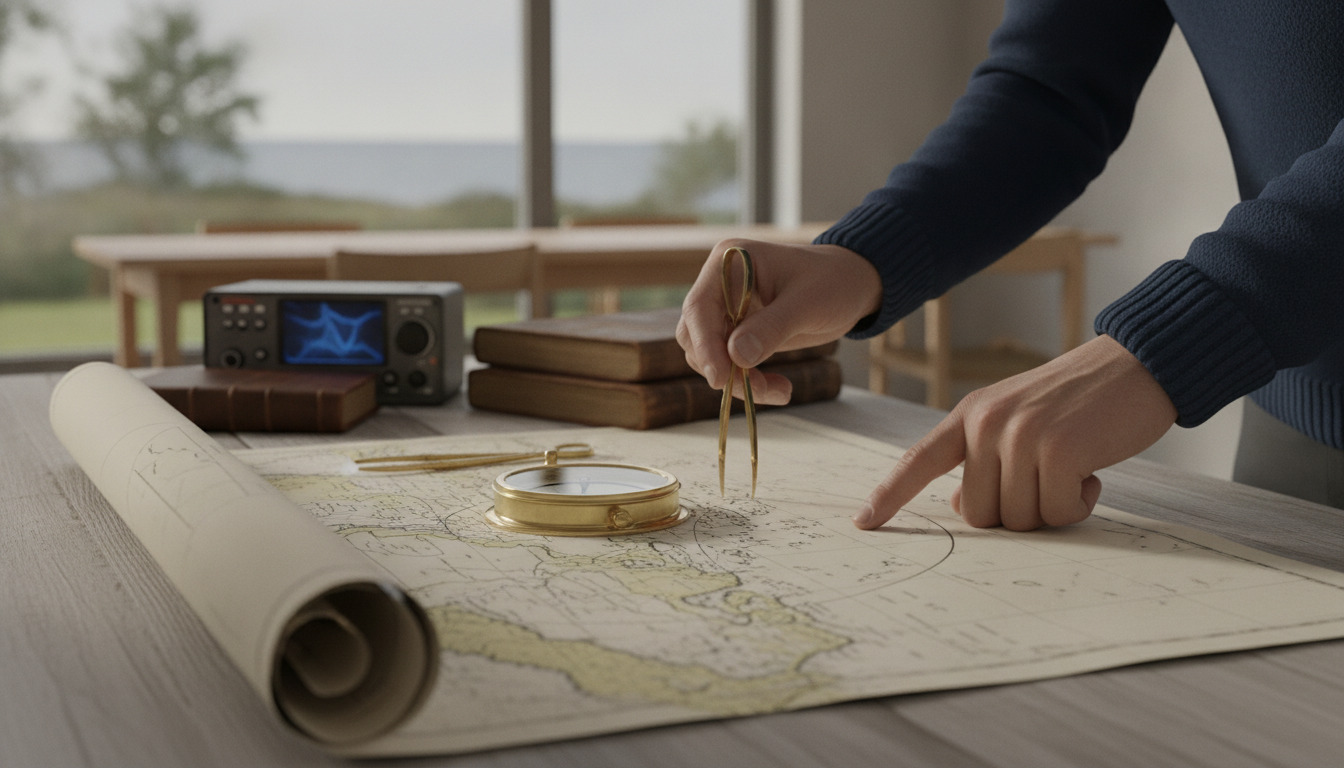 Hænder arbejder med kompas og sejlerkort på træbord. Detalje af navigationsinstrumenter og nautiske værktøjer.