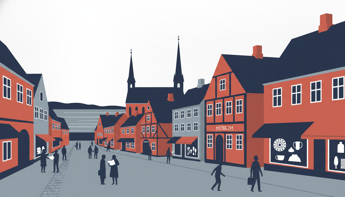Medeltida hamstad i Tønder med röda och vita historiska hus, kyrktorn i bakgrunden, museer och besökare på gatan som utforskar stadens kulturarv.