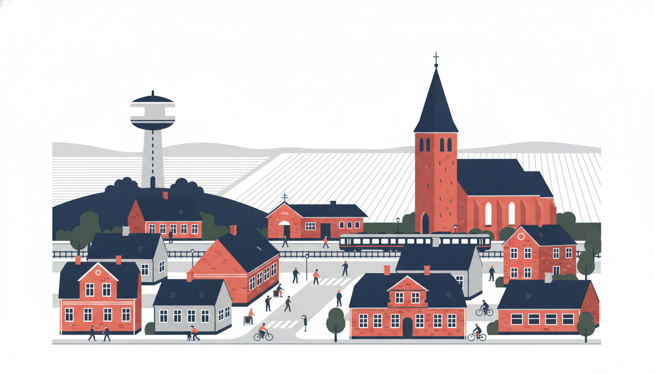 Vektorillustration af Brønderslev i Vendsyssel: stationsbyens røde murstenshuse og kirke, vandtårnet over de åbne marker og toget, der forbinder byen med resten af Nordjylland.