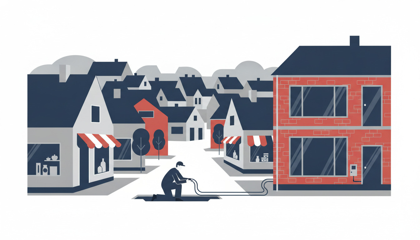 Flat-vector illustration af en boligbebyggelse i Ebeltoft med røde mursten- og hvide bygninger, mørke tage, og en tekniker i forgrunden, der installerer fiberoptiske kabler, som symboliserer udvidelse af bredbåndsinfrastrukturen i byen.