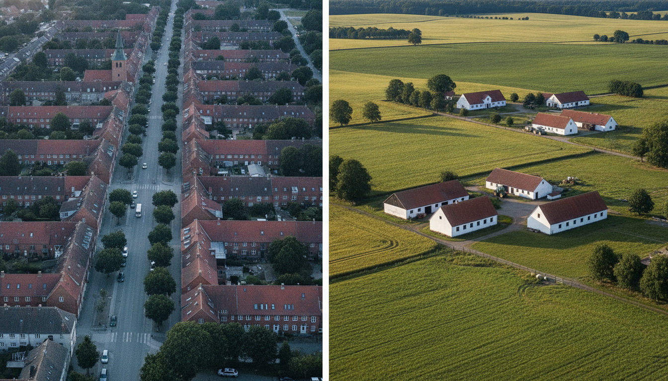Splitskærm: by med røde mursten og kirketårn (venstre) og åbne landbrugsjorder med bygninger (højre).