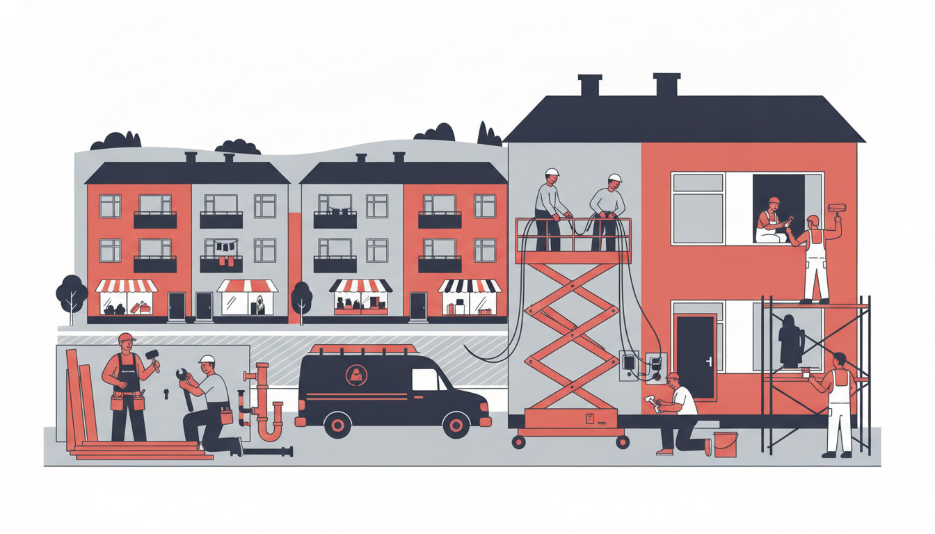 Farverig illustration af håndværkere og servicefolk ved arbejde: elektrikere, maler, rørlægger og snedker ved typiske 1960er-70er boligblokke med renovering og vedligehold i gang.