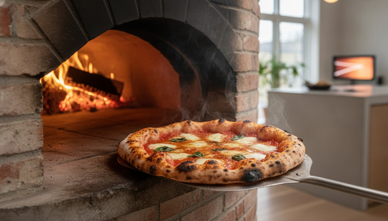 Frisk neapolitansk pizza med karakteristisk leopard-skorpe ved udkant af glødig træfyret ovn, meltet ost og basilikum synligt.