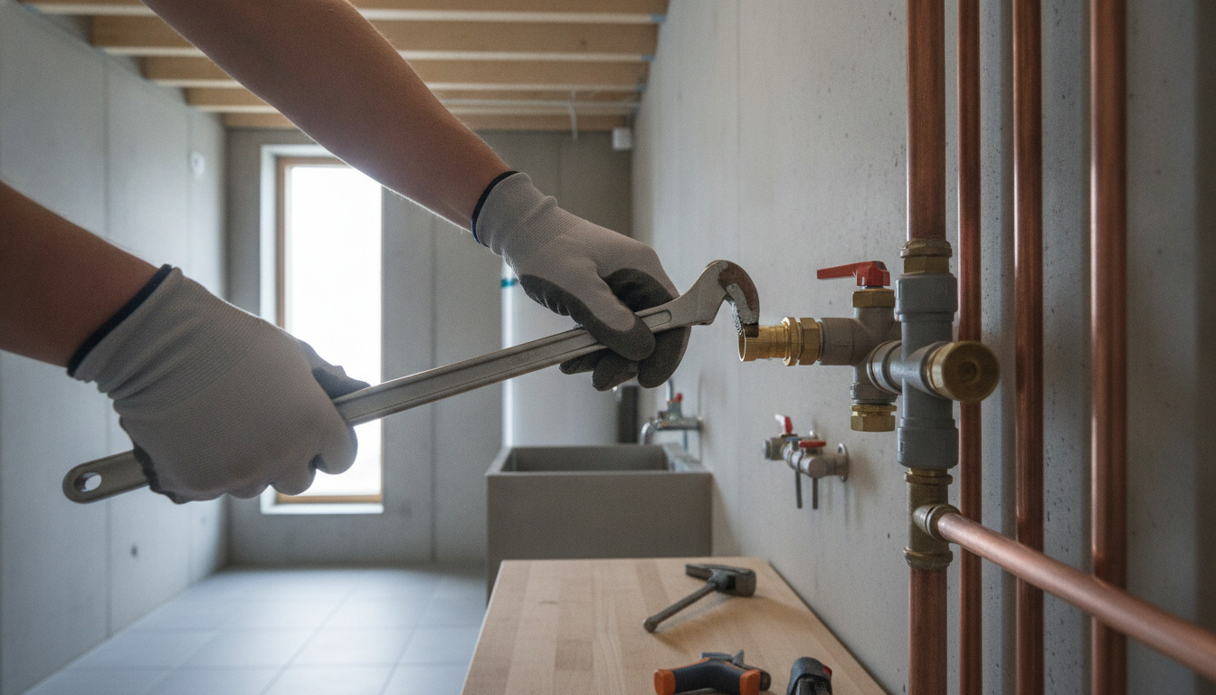 Tæt billede af hænder i arbejdshandsker, der bruger skruenøgle på kobberrør og VVS-samlinger i et basementrum med naturligt lys fra vindue.
