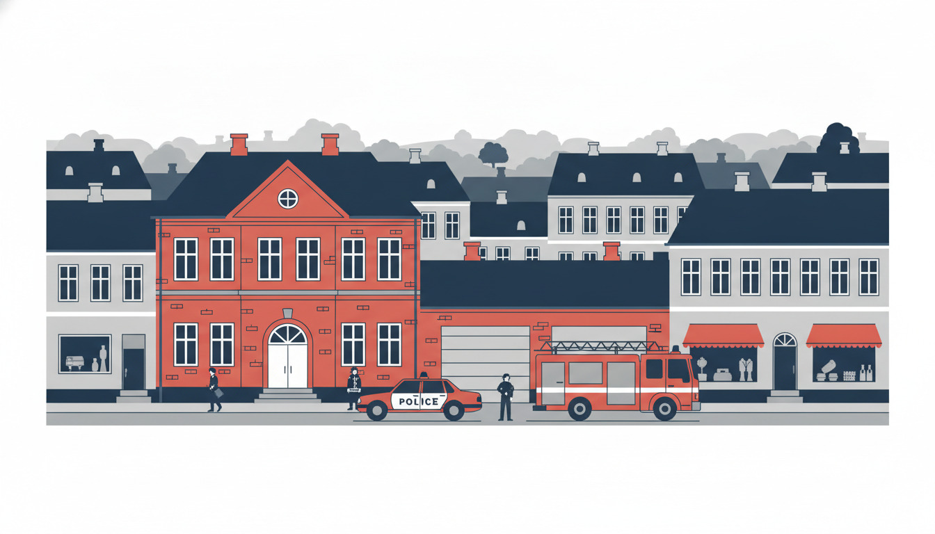 Ebeltoft politistation: rødt murerhus med hvidmalede vindueskarme, buet dørparti og kors på gavlen. Politibil og brandslukningskøretøj parkeret udenfor på bystræde; beboelsesbygninger og mørke tagkonstruktioner i baggrunden.