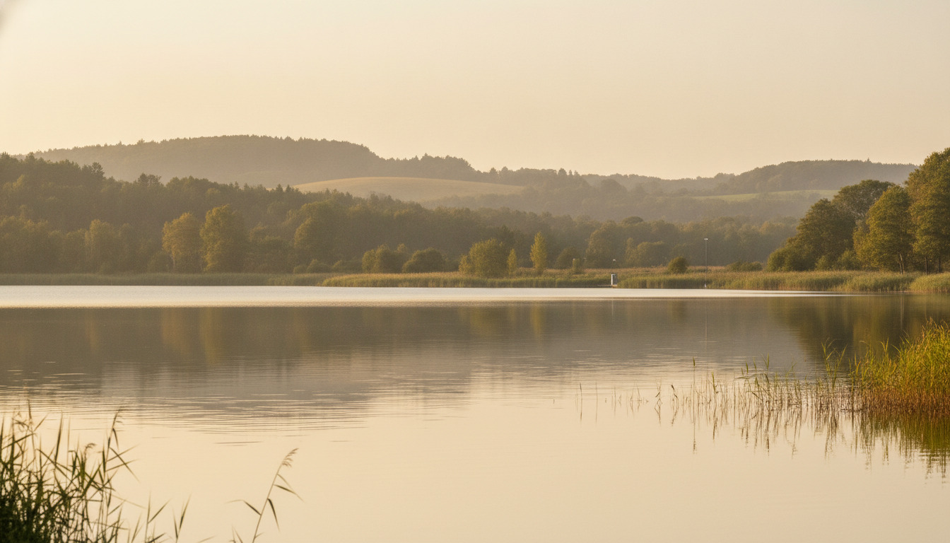Glat søoverflade med rørkanter i forgrunden og slørede bjerge i baggrunden ved golden hour.