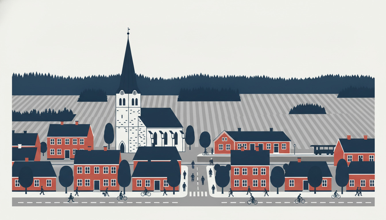 Fladt vektorillustration af Jyderups bymidte med en hvidkalket kirke med karakteristisk høj spir og dobbelte klokketårne som midtpunkt, omgivet af røde murstensboligsbygninger, træer og skovbevokset horisont, med jernbaneinfrastruktur og byens gader.