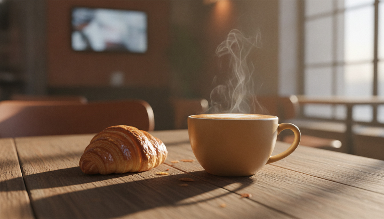Tæt billede af en dampende kaffekop og en sprød croissant på et træbord i morgenlys.