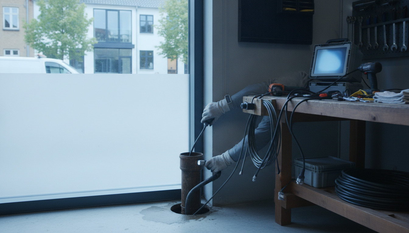 Hånd holder kloaksonde ind i røråbning under nærkontrol med inspektionsudstyr på arbejdsbord.
