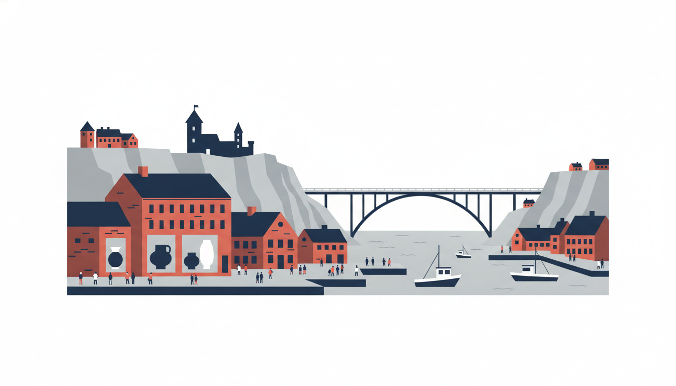 Middelfart kystscene med rødt keramikmuseum, historisk havn med både, bueformet bro over Lillebælt-strædet, slotssilhuet på klipper og bølgende grå landskab.