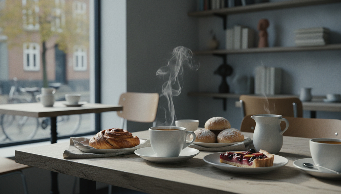 Kahvekop med damprende kaffe på trætabel omgivet af friske bagels, kager og keramik.