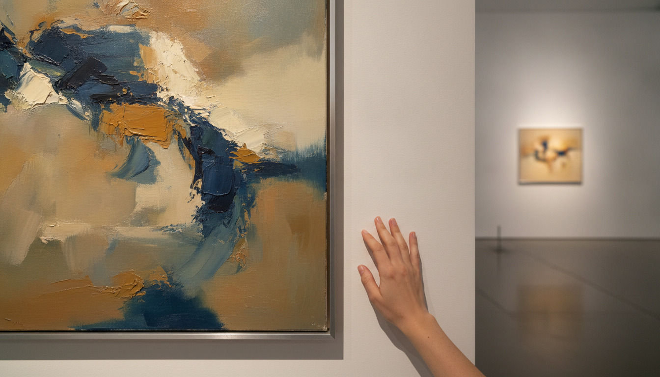 Abstrakt maleri med blå og gule penseltag på hvid gallerivæg i kunstmuseum.