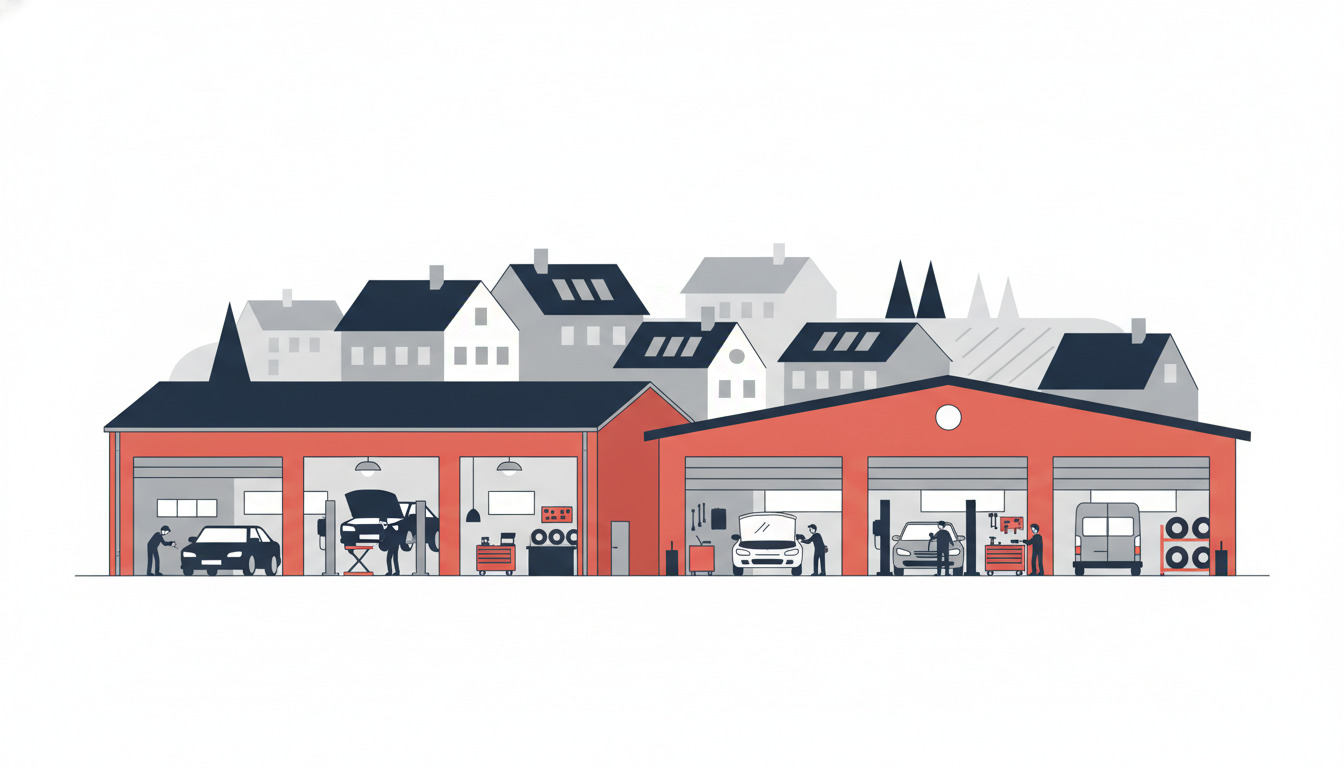 Et moderne bilværksted med røde garagedøre, hvor mekanikere reparerer biler i flere værktøjsbuer, med diagnostiudstyr, løfteudstyr og værktøjer synlige.