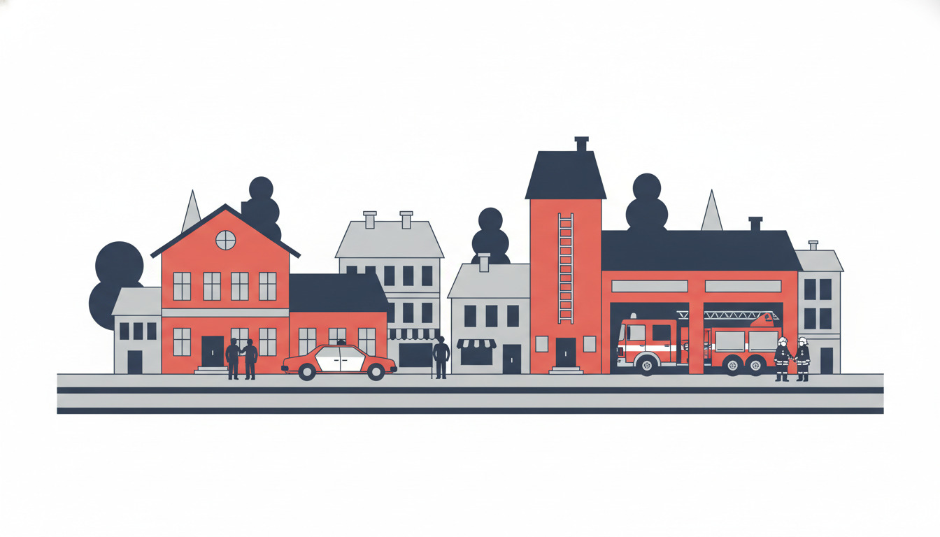 Flad vektorillustration af et dansk torv med røde politi- og brandstationsbygninger, beredskabskøretøjer (politibil og brandbil), uniformeret personale og borgerkitectur i dæmpede røde, grå og marineblå farver.
