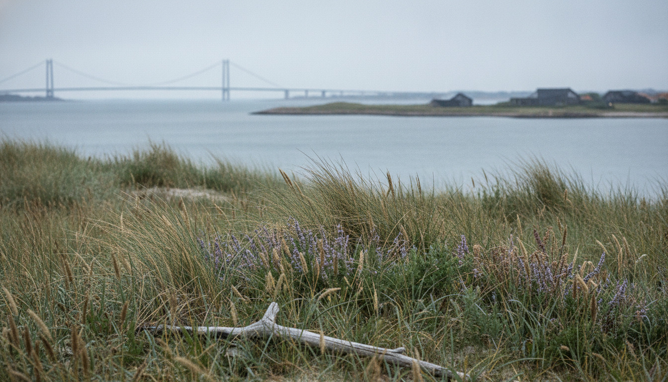 Nærbillede af kystnær vegetation med græs, blomster og træ med udsigt til blåt vand og overskyet nordjysk himmel.