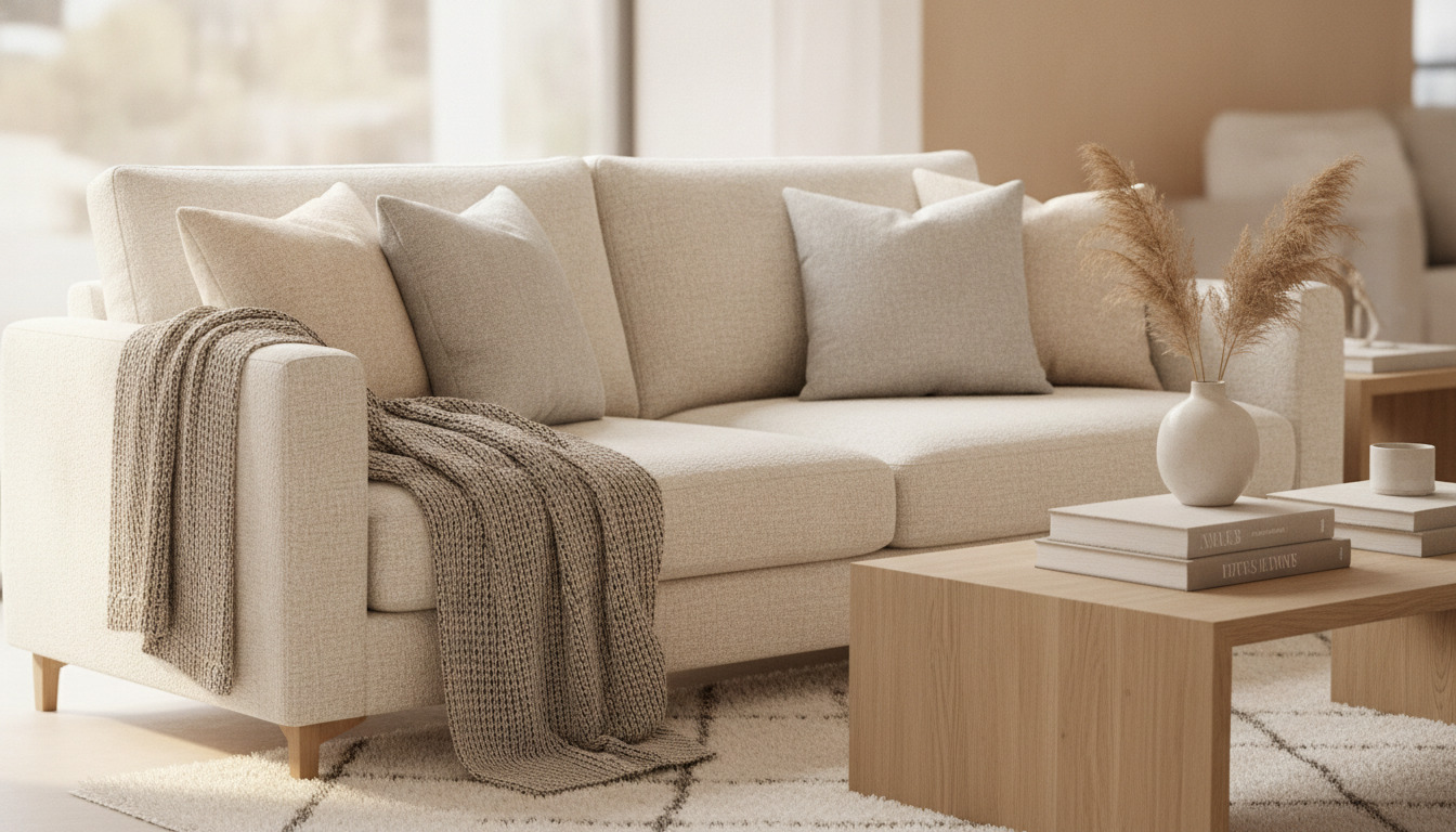 Møbleret stueinteriør med beige sofa, puder, pynteting på træbord og naturligt lys.