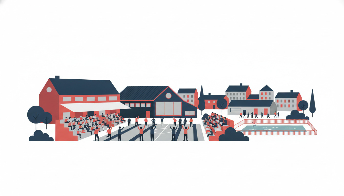 Stiliseret flat-vector illustration af Bordings idrætsevent med sportshall, tribune, og publikum omkring en aktivitetsplads omgivet af røde og grå bygninger.