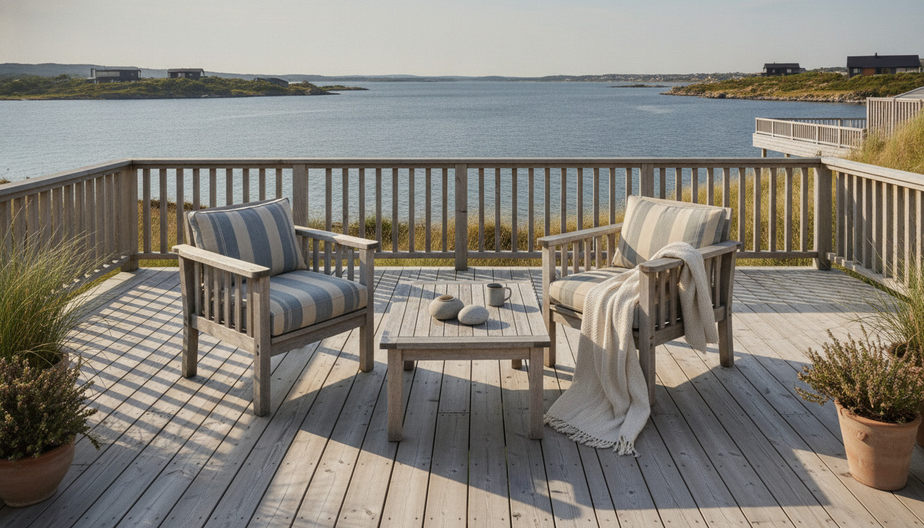 Træstole med stribet puder og dyne på en træ-terrasse med udsigt over vand og fjerne bygninger.