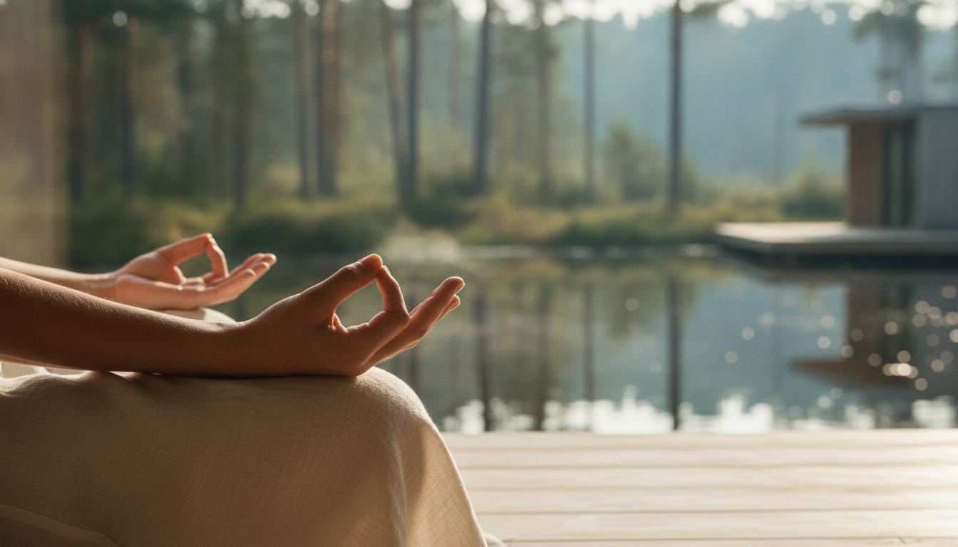 Nærbillede af hænder i meditativ stilling med blurred naturlig baggrund og blødt naturlys.