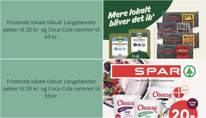 Fristende lokale tilbud: Langelænder pølser til 20 kr. og Coca-Cola rammer til 69 kr.