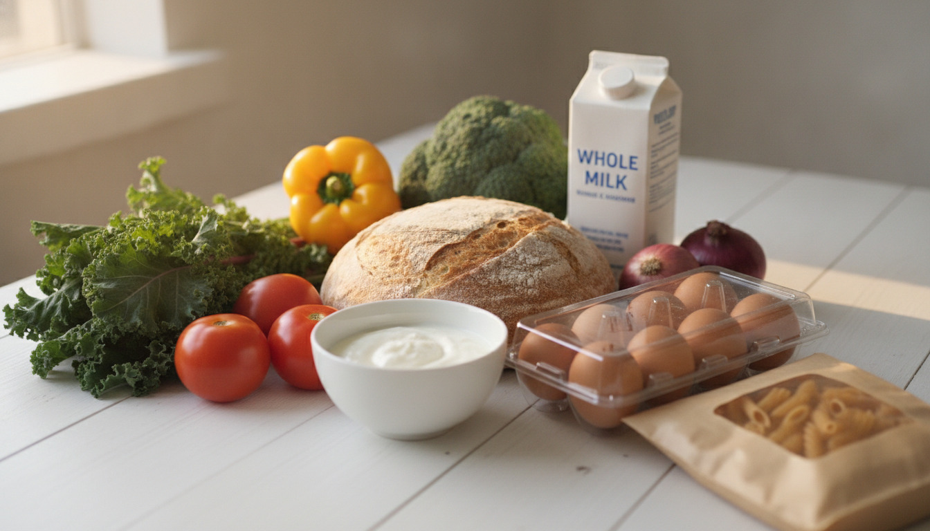 Friske dagligvarer på hvidt bord: grønt, tomat, brød, æg, mejeriprodukter og grøntsager i naturligt lys.