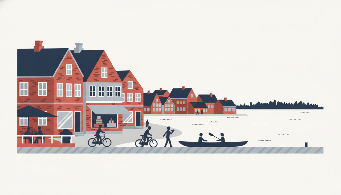 Flad vektorillustreret kaj-scene af Ringkøbing med røde mursten-gavlhuse langs fjorden, gæster der cykler og kajakker i forgrunden, og fjerne skovklædte kyster på tværs af det stille vand.