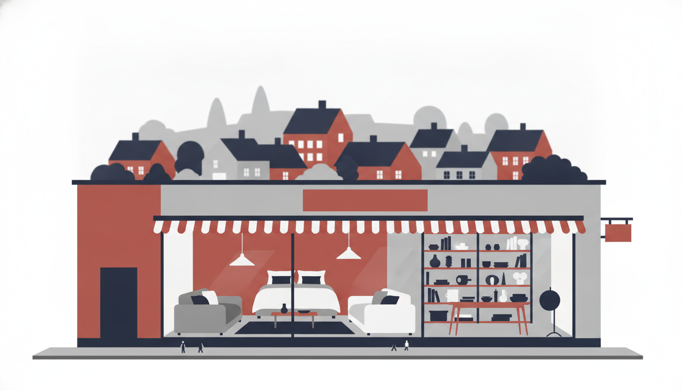 Indretningsbutik i Espergærde med sofaer, senge, hylder med bøger og hjemtilbehør, København-bybillede med røde og grå huse i baggrund.
